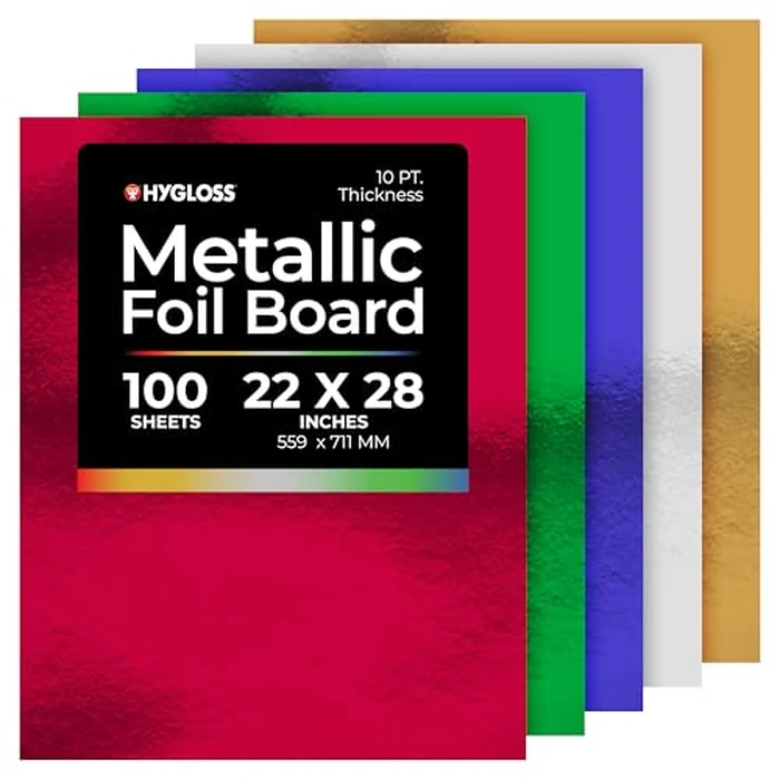 Hygloss Products Metallic Cardstock Sheets - 100 Sheets, 22” x 28” - 5 Assorted Colors - Sturdy 10 pt. - Foil Paper for Crafts, Scrapbooking, Posters & Decorations by Hygloss - Used - Very Good condition - US$53.66