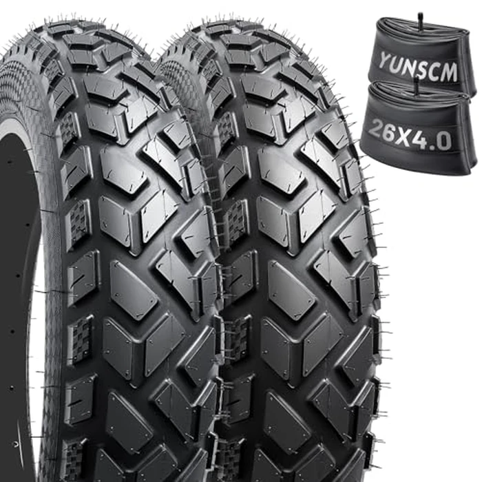 YUNSCM 2-PCS 26" Heavy Duty Fat E-Bike Tires 26 x 4.0/102-559 and Bike Tubes Scharder Valve Compatible with 26x4.0 Electric Bike, MTB, All-Terrain Directional Tread Bicycle Tires and Tubes by YunSCM - Image 1