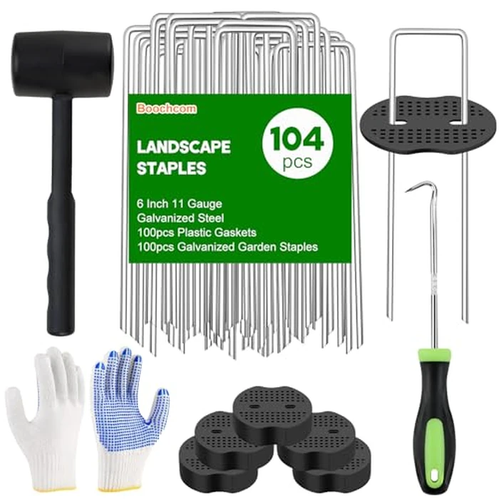 Landscape Fabric Staples with Rubber Hammer,6Inch 50pcs Galvanized Garden Pegs+ 50pcs Gaskets + Pick Hook + Gloves,Anti-Rust,U-Shaped Lawn Spikes,Yard Turf Pins for Weed Barrier,Ground Grass Cover by Boochcom - Used - Acceptable condition - CA$10.18
