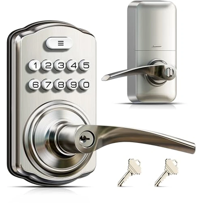 Veise Keypad Door Lock with Handle, Keyless Entry for Front Door & Bedroom, Electronic Lock with Code, Auto-Locking, Easy Installation, Passage Mode, Satin Nickel by Veise - Image 1