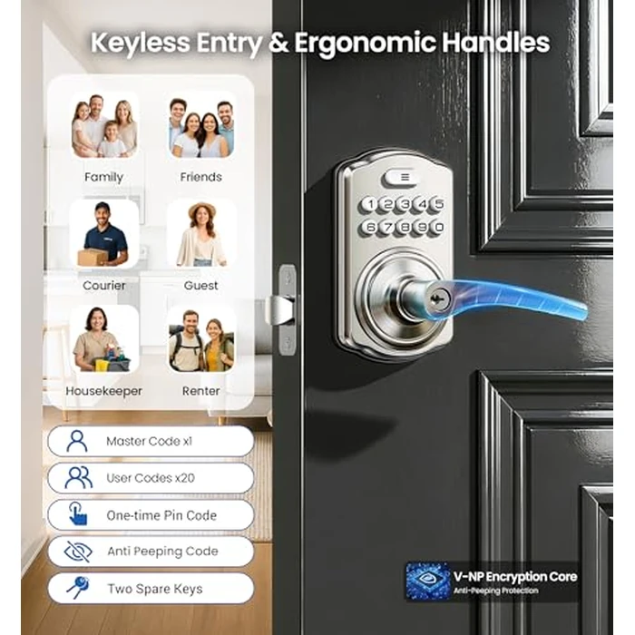 Veise Keypad Door Lock with Handle, Keyless Entry for Front Door & Bedroom, Electronic Lock with Code, Auto-Locking, Easy Installation, Passage Mode, Satin Nickel by Veise - Image 2