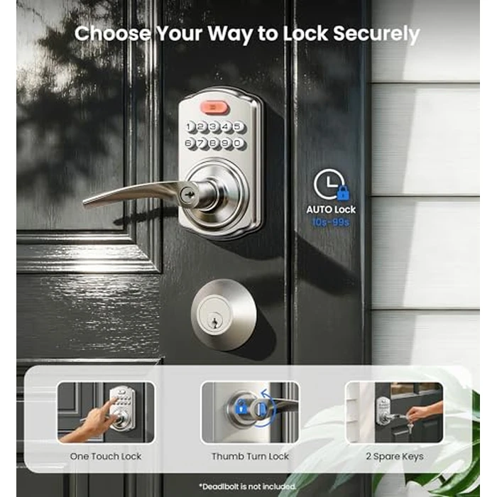 Veise Keypad Door Lock with Handle, Keyless Entry for Front Door & Bedroom, Electronic Lock with Code, Auto-Locking, Easy Installation, Passage Mode, Satin Nickel by Veise - Image 3