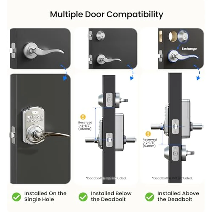 Veise Keypad Door Lock with Handle, Keyless Entry for Front Door & Bedroom, Electronic Lock with Code, Auto-Locking, Easy Installation, Passage Mode, Satin Nickel by Veise - Image 9