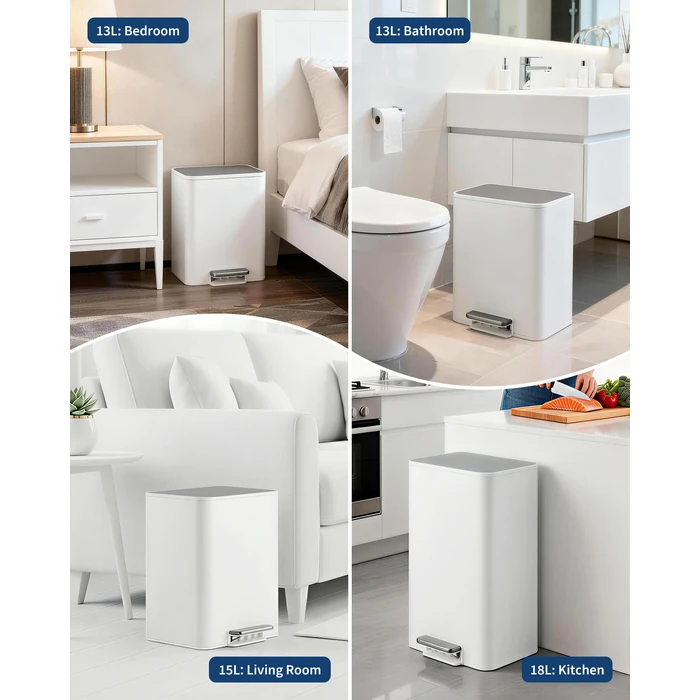 Garvee Space-Saving Bedroom Trash Can, 4 Gallon Small Trash Can with Soft-Close Lid, Foot Pedal & Removable Inner Bucket, Rectangular Stainless Steel Garbage Can for Living Room, Home, Office, White by Garvee - Image 8