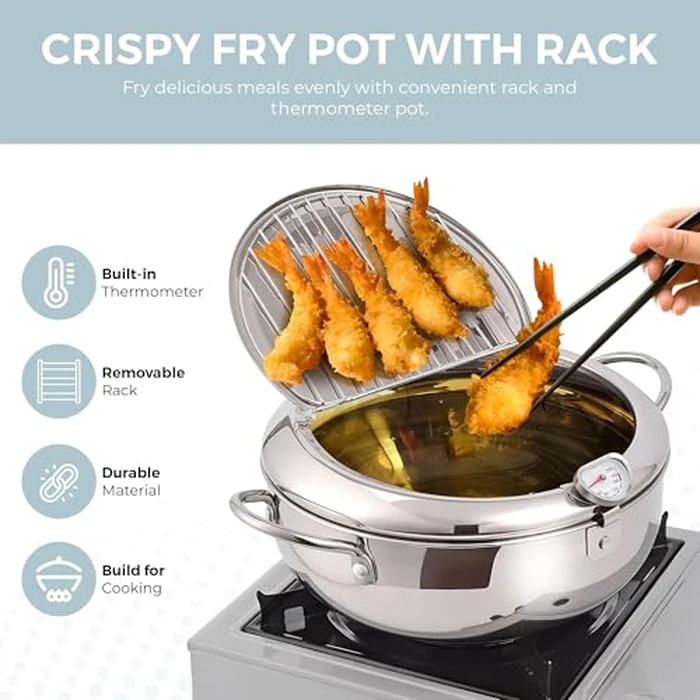 Alpha Living SDF-04 Deep Fryer Pot - 11-Inch Stainless Steel Frying Pot with Oil Thermometer - Ideal for Deep Frying Chicken, Fries, Mini Donuts, Tempura & More - Frying Pan for Home Use by ALPHA LIVING - Image 3