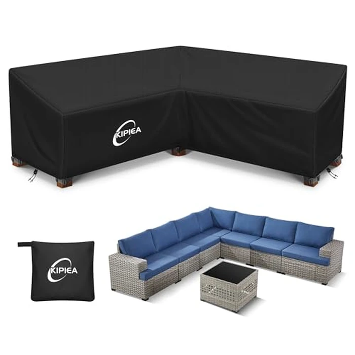 Kipiea V-Shape Outdoor Patio Furniture Covers Waterproof, 500D Heavy-Duty Outdoor Sectional Cover Windproof, Patio Sectional Sofa Cover Anti-UV, No Tears & No Fading (120"/120"L x 33.5"D x 31"H) by Kipiea - Used - Very Good condition
