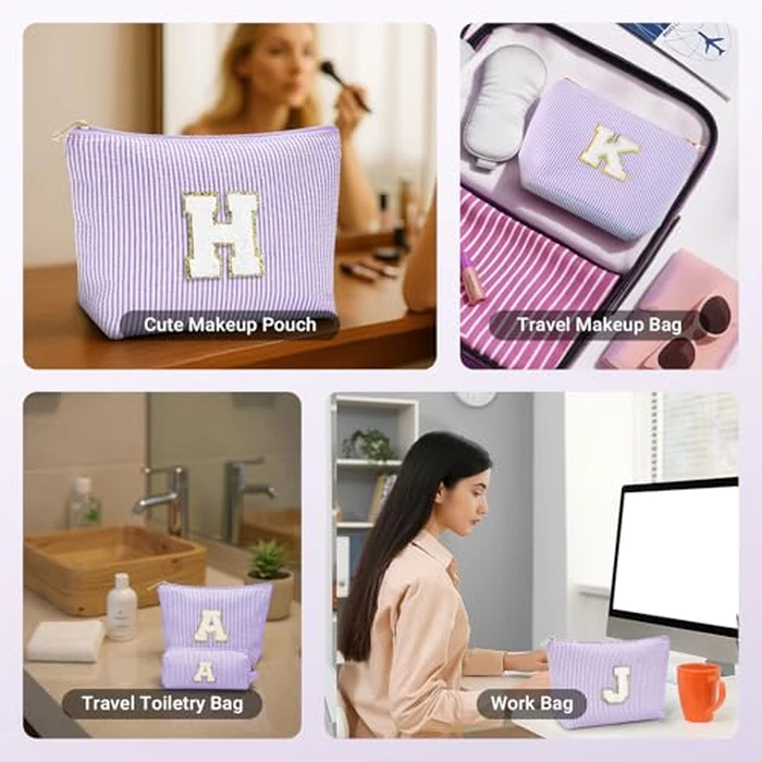 LIAN Makeup Bag Initial Makeup Bag Cosmetic Case Travel Toiletry Bags for Women Teen Girls Friend Wedding Personalized Gifts(Purple-M) by Lian - Image 3