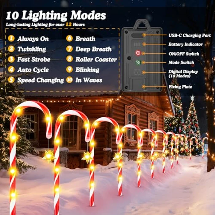 WdtPro 24-Pack Upgraded Solar Christmas Candy Cane Lights, Solar Pathway Lights Waterproof, Christmas Decorations Outdoor with 10 Modes and Bright 144 LED for Yard Garden Lawn Patio Party Decor by WdtPro - Image 6
