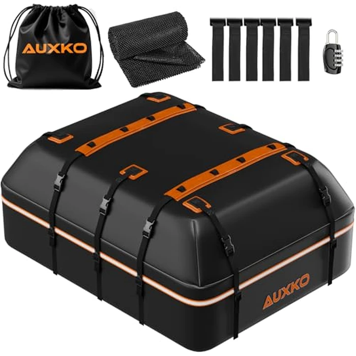 AUXKO 22 Cubic Ft Waterproof Rooftop Cargo Carrier Bag for All Vehicles with/Without Roof Rack, Soft Shell Car Roof Bag with Reflective Strip Includes Anti-Slip Mat, 6 Door Hooks & Combination Lock by AUXKO - Image 1