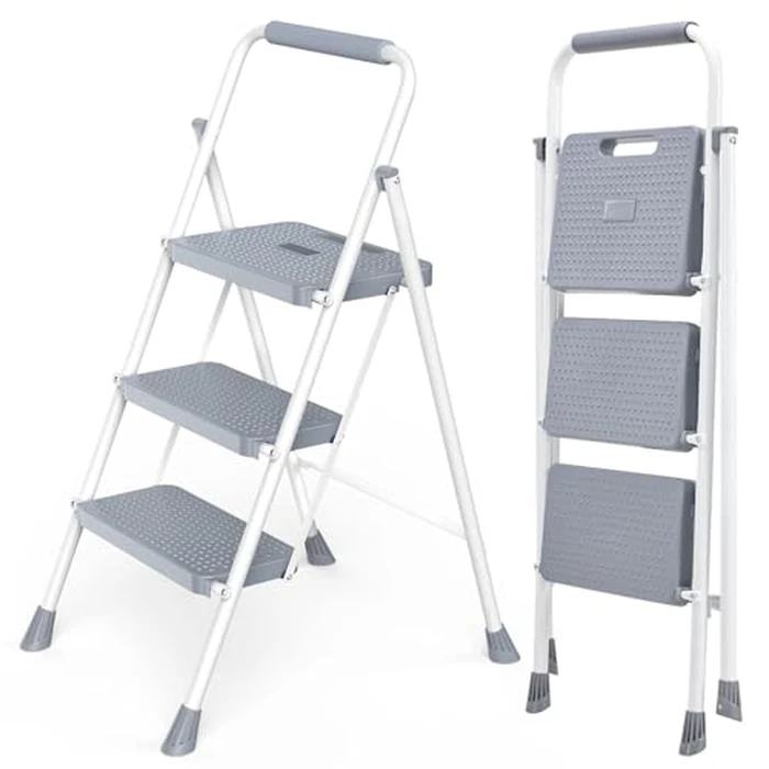 DUMOS Step Ladder, 3 Sturdy Step Stool with Anti-Slip Pedal & Comfortable Handrail, Portable Heavy Duty Step Stool for Kitchen, Garage & Outdoor Use, 800lbs, Grey by DUMOS - Image 1