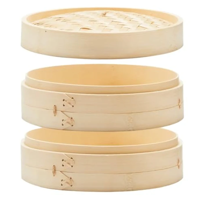 10 Inch Bamboo Steamer Basket - 2 Tier Dumpling Cooker for Dim Sum, Bao Buns & Vegetables, Natural Bamboo Basket for Home Cooking, Fits Wok & Pan by CUISINE TALENT - Used - Very Good condition