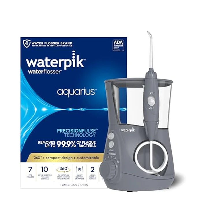 Waterpik Aquarius Water Flosser For Teeth Cleaning, Gums, Braces, Dental Care, Electric Power With 10 Settings, 7 Tips For Multiple Users And Needs, ADA Accepted, Gray WP-667, Packaging May Vary by Waterpik - Image 1