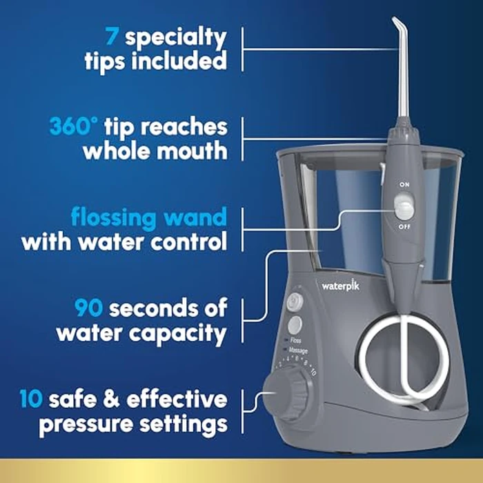 Waterpik Aquarius Water Flosser For Teeth Cleaning, Gums, Braces, Dental Care, Electric Power With 10 Settings, 7 Tips For Multiple Users And Needs, ADA Accepted, Gray WP-667, Packaging May Vary by Waterpik - Image 2