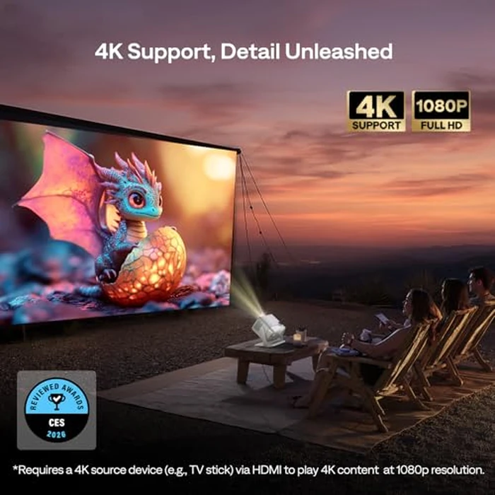 Aurzen BOOM mini Google TV Outdoor Smart Projector with Voice Control, Family Mode, 20W Dolby Audio, WiFi & Bluetooth, 4K Supported Movie Projector for Backyard/Bedroom/Home Theater/Ceiling, Off-white by Aurzen - Image 3