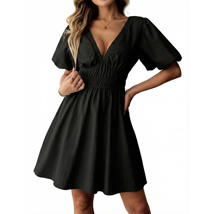 Amoretu Women's Deep V Neck Short Sleeve Sexy Mini Dress Summer Casual Cotton Flared Dresses Formal Party Date Night Dinner (Black, M) by Amoretu - Used - Like New condition