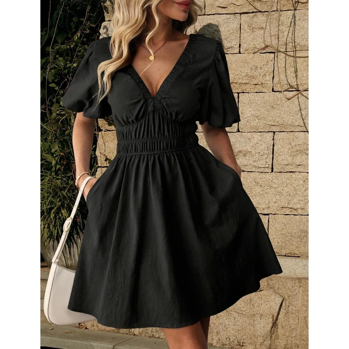 Amoretu Women's Deep V Neck Short Sleeve Sexy Mini Dress Summer Casual Cotton Flared Dresses Formal Party Date Night Dinner (Black, M) by Amoretu - Image 3