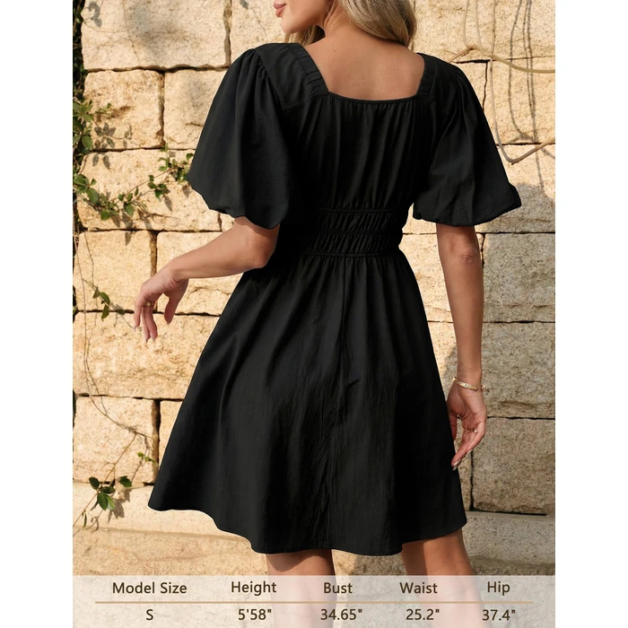 Amoretu Women's Deep V Neck Short Sleeve Sexy Mini Dress Summer Casual Cotton Flared Dresses Formal Party Date Night Dinner (Black, M) by Amoretu - Image 4