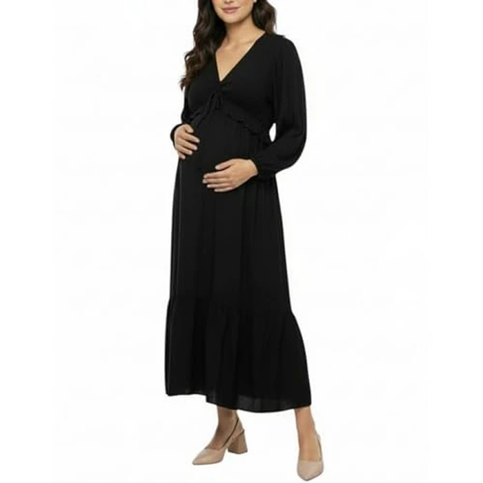 Motherhood Maternity Women's V-Neck Long Puff Sleeve Ruffle Midi Pregnancy Dress, Black, Medium by Motherhood Maternity - Used - Like New condition
