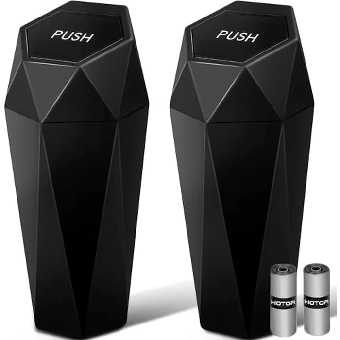 HOTOR Car Trash Can with Lid - 2 Pack, Car Accessories for Interior, Leakproof Vehicle Garbage Can with 30 Attached Trash Bags, Multipurpose Organizers and Storage for Home, Office, Black by HOTOR - Used - Like New condition - US$12.02