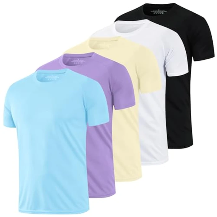 HovSiyla 5 Pack Running Shirts Men Sport Tops Dry Fit Gym Wicking Athletic T Shirts Breathable Cool Workout Shirts Black White Purple Almond Haze-Blue Small by HovSiyla - Used - Like New condition - US$17.19