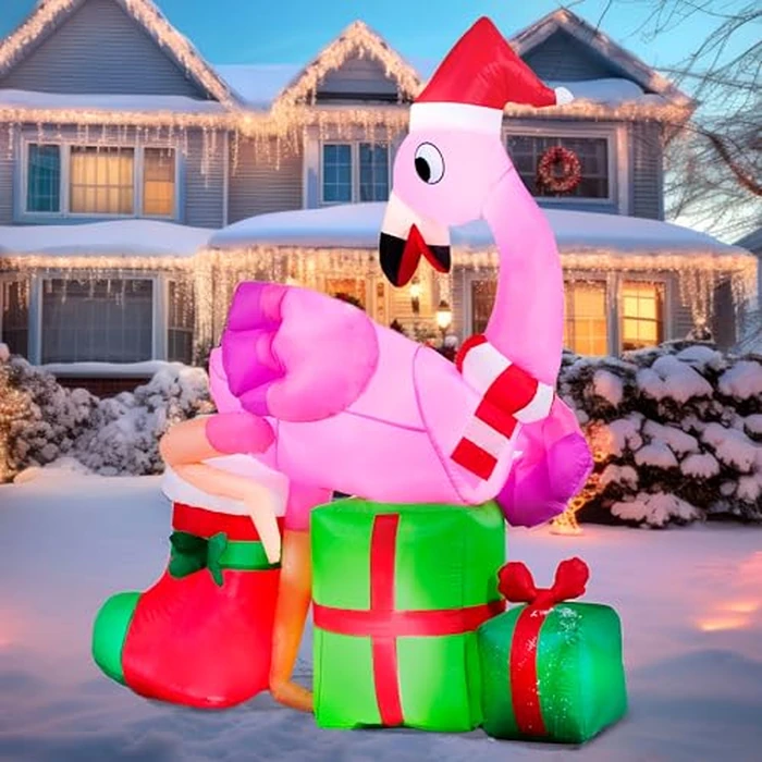 Joiedomi 6 FT Christmas Flamingo with Gift Box Inflatable Decorations with Build-in LEDs Blow Up Elegant Flamingo Inflatables for Xmas Party Indoor, Outdoor, Yard, Garden, Lawn Décor, Holiday Season by Joiedomi - Used - Good condition