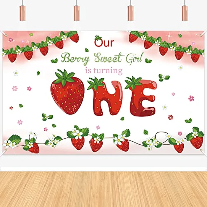Strawberry First Birthday Backdrop for Baby Girls, Our Berry Sweet Girl is Turning Theme Birthday Party Decoration, Sweet One Background Photo Studio Props Banner by Boerni - Used - Good condition - CA$9.21