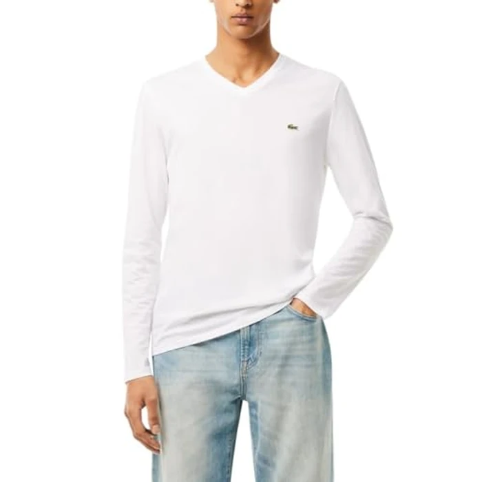Lacoste Men's Long Sleeve Lightweight Cotton Pima V-Neck T-Shirt, White, Medium by Lacoste - Used - Like New condition