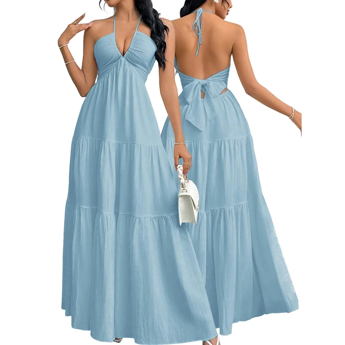 Narecte Women's Maxi Summer Dresses Halter V Neck Beach Dresses for Women A-Line Casual Dress for Vacation Dusty Blue S by Narecte - Used - Like New condition - US$50.34