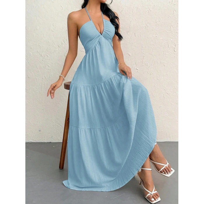 Narecte Women's Maxi Summer Dresses Halter V Neck Beach Dresses for Women A-Line Casual Dress for Vacation Dusty Blue S by Narecte - Image 3