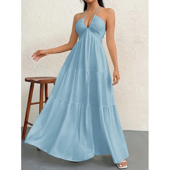 Narecte Women's Maxi Summer Dresses Halter V Neck Beach Dresses for Women A-Line Casual Dress for Vacation Dusty Blue S by Narecte - Image 4