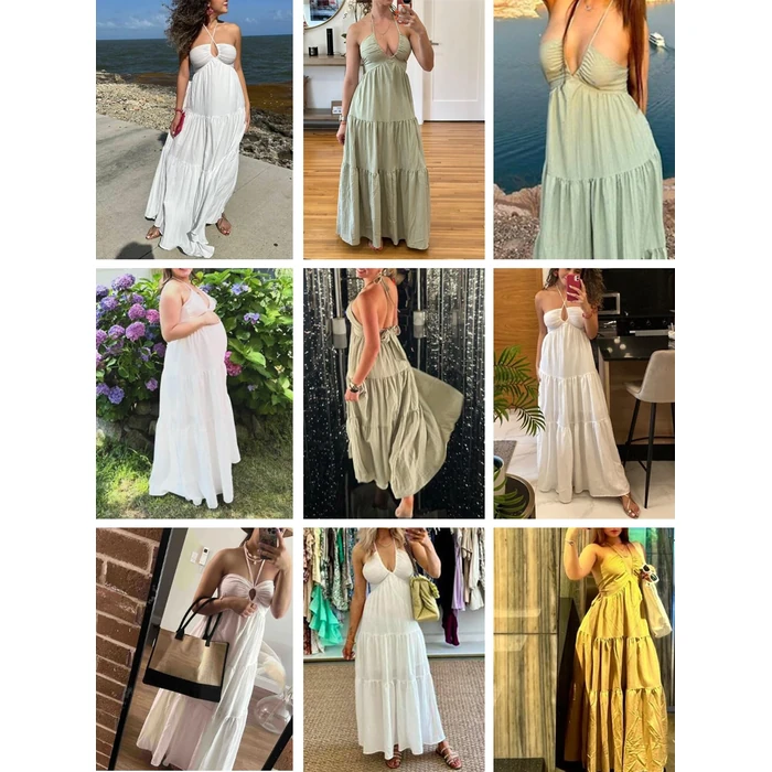 Narecte Women's Maxi Summer Dresses Halter V Neck Beach Dresses for Women A-Line Casual Dress for Vacation Dusty Blue S by Narecte - Image 7