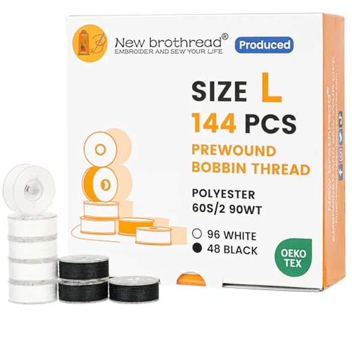 New brothread 144pcs Type L Size (SA155)(96White+48Black) Prewound Bobbin Thread Plastic Side for Commercial & Home Embroidery and Sewing Machine-90 weight Cottonized Soft Feel Polyester Sewing Thread by New brothread - Used - Like New condition - US$23.40