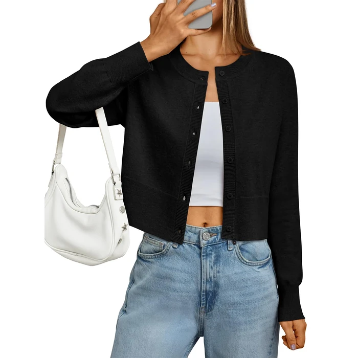 LILLUSORY Cropped Lightweight Cardigan Sweaters for Women Crew Neck Summer Clothes Fashion Spring Outfits 2026 Black S by LILLUSORY - Image 1
