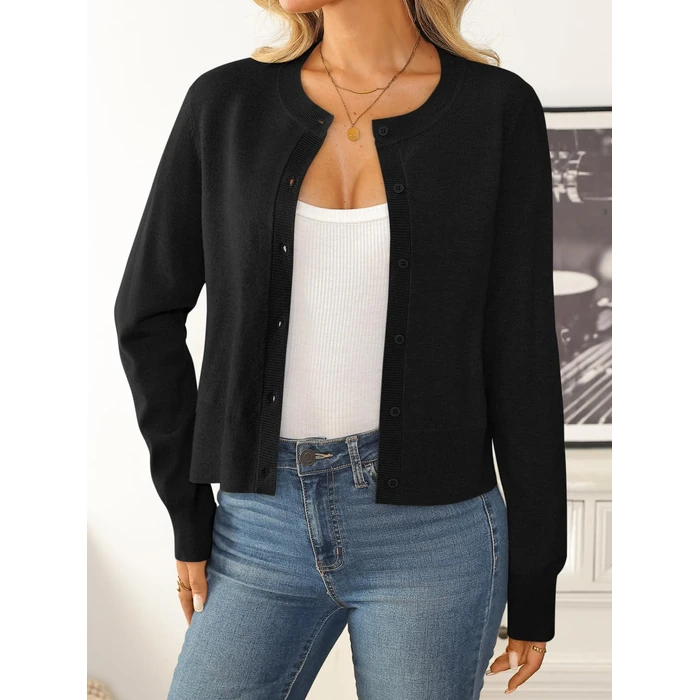 LILLUSORY Cropped Lightweight Cardigan Sweaters for Women Crew Neck Summer Clothes Fashion Spring Outfits 2026 Black S by LILLUSORY - Image 3