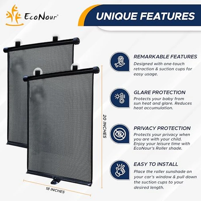 EcoNour Car Window Shades for Baby (2 Pack) - Upgraded | Car Shades for Side Window | Comes with Enhanced Suction Cups & Large Clips for Durability | Baby Car Accessories (18" x 20") by EcoNour - Image 5