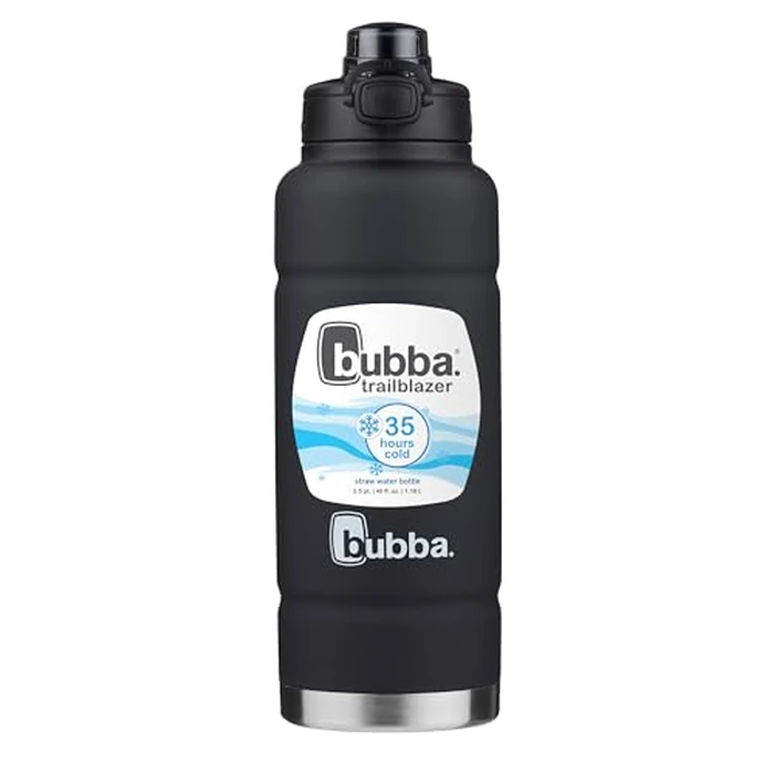 bubba Trailblazer Stainless Steel Water Bottle with Push Button Lid, 40 oz (1.18 L), Vacuum-Insulated, Rubberized Licorice by bubba - Used - Good condition - CA$20.55