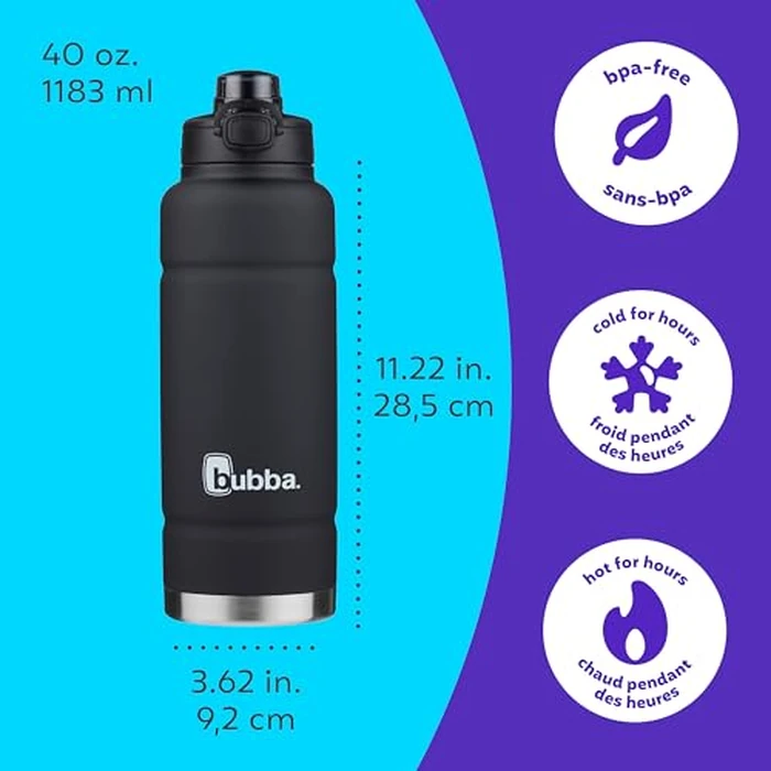 bubba Trailblazer Stainless Steel Water Bottle with Push Button Lid, 40 oz (1.18 L), Vacuum-Insulated, Rubberized Licorice by bubba - Image 2