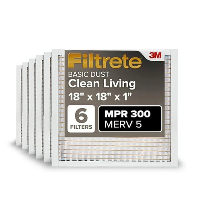 Filtrete 18x18x1 Air Filter, MPR 300, MERV 5, Clean Living Basic Dust 3-Month Pleated 1-Inch Air Filters, 6 Filters, White by Filtrete - Image 1