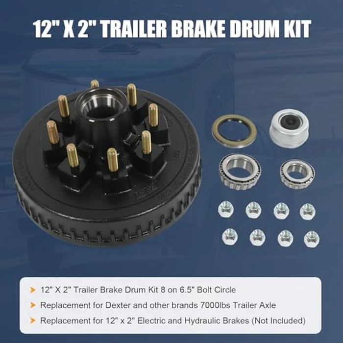 RALZAOTO 12" X 2" Trailer Brake Drum Kit 8 on 6.5" B.C. for 7000lbs Axles, 25580/14125A Trailer Brake Hub Drum Assembly with 9/16" Studs- 22050k 008-219-04 by RALZAOTO - Image 2