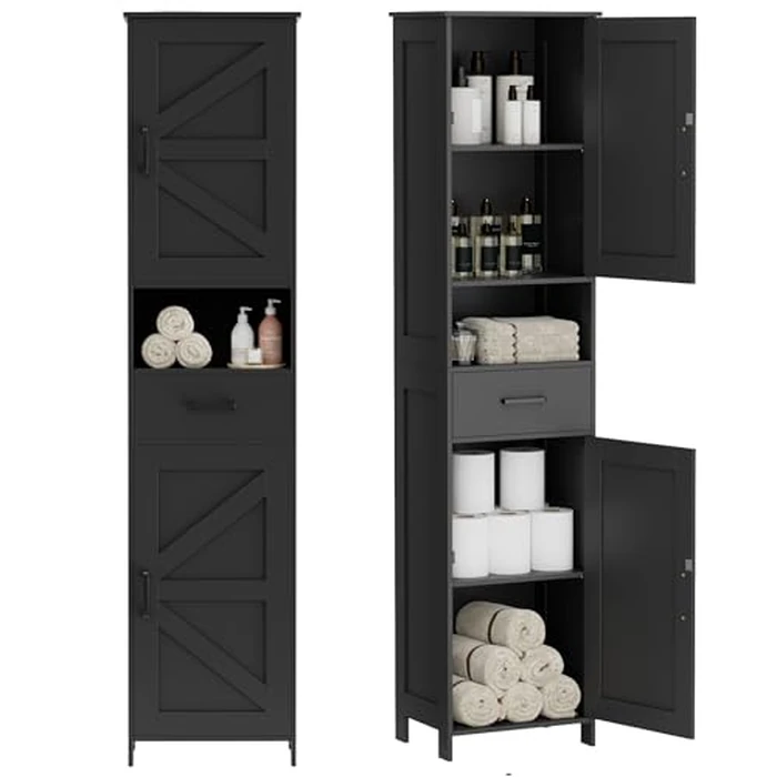 Homhedy 67" H Tall Bathroom Storage Cabinet with 2 Barn Doors and 1 Drawer，Narrow Storage Unit, Adjustable Shelves，Floor Cabinet for Bathroom, Living Room, Entryway (Black, 11.8"D x 15.7"W x 66.9"H) by Homhedy - Image 1