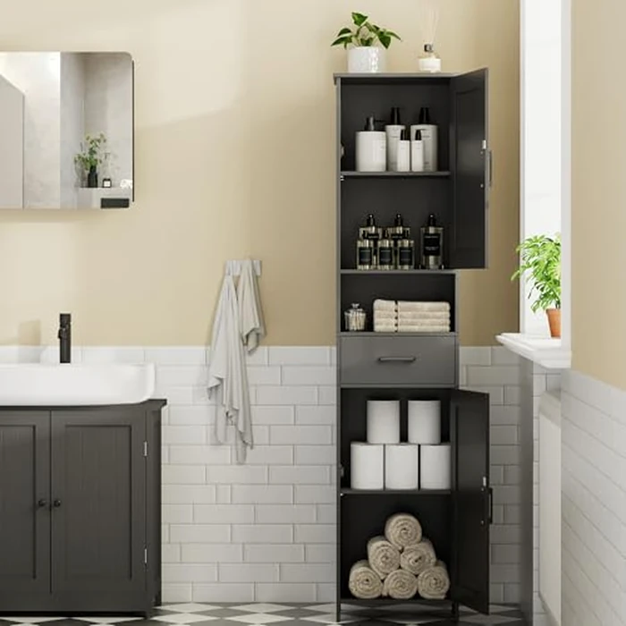Homhedy 67" H Tall Bathroom Storage Cabinet with 2 Barn Doors and 1 Drawer，Narrow Storage Unit, Adjustable Shelves，Floor Cabinet for Bathroom, Living Room, Entryway (Black, 11.8"D x 15.7"W x 66.9"H) by Homhedy - Image 2