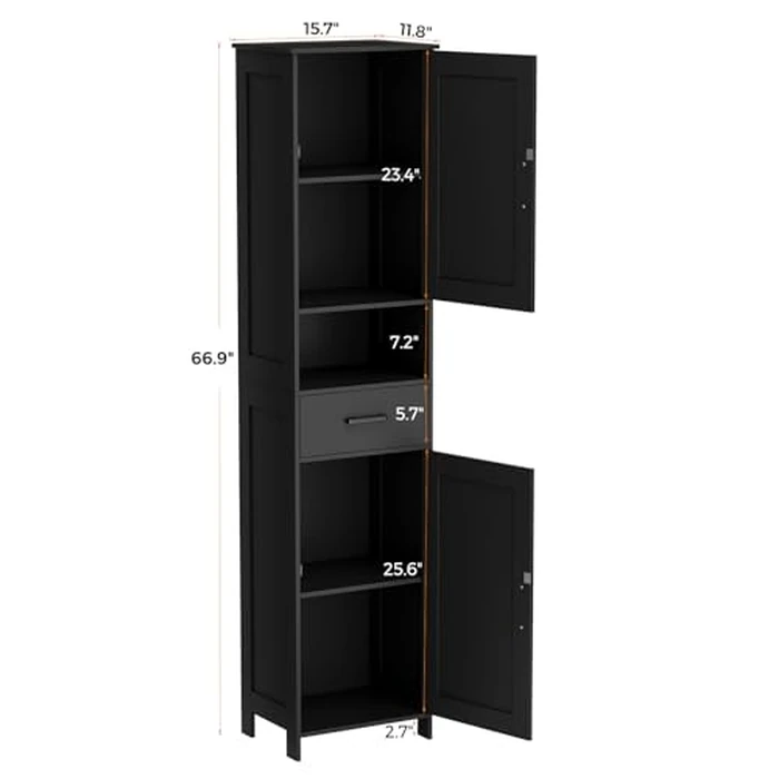 Homhedy 67" H Tall Bathroom Storage Cabinet with 2 Barn Doors and 1 Drawer，Narrow Storage Unit, Adjustable Shelves，Floor Cabinet for Bathroom, Living Room, Entryway (Black, 11.8"D x 15.7"W x 66.9"H) by Homhedy - Image 3