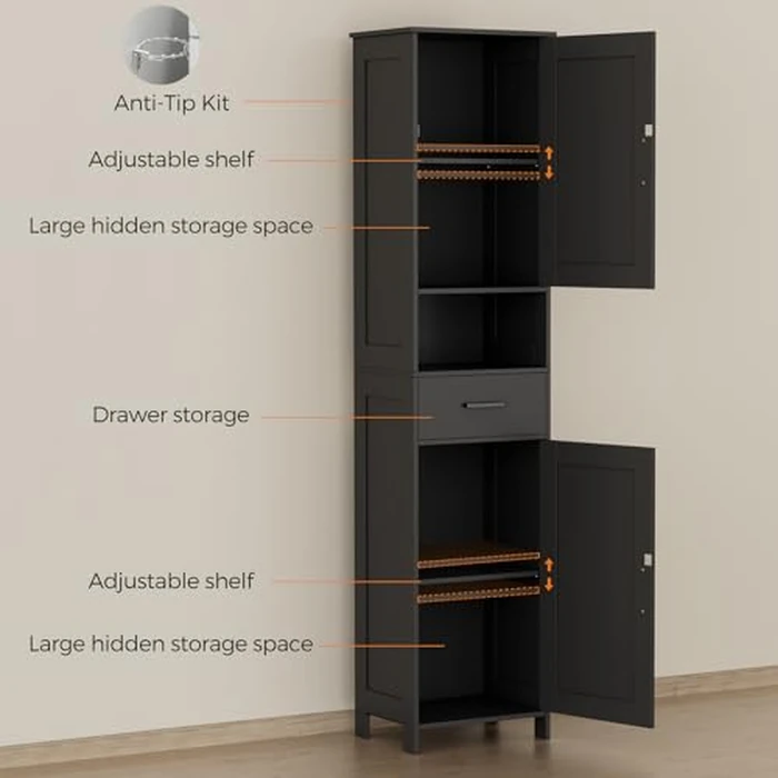 Homhedy 67" H Tall Bathroom Storage Cabinet with 2 Barn Doors and 1 Drawer，Narrow Storage Unit, Adjustable Shelves，Floor Cabinet for Bathroom, Living Room, Entryway (Black, 11.8"D x 15.7"W x 66.9"H) by Homhedy - Image 5