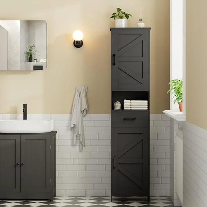 Homhedy 67" H Tall Bathroom Storage Cabinet with 2 Barn Doors and 1 Drawer，Narrow Storage Unit, Adjustable Shelves，Floor Cabinet for Bathroom, Living Room, Entryway (Black, 11.8"D x 15.7"W x 66.9"H) by Homhedy - Image 6