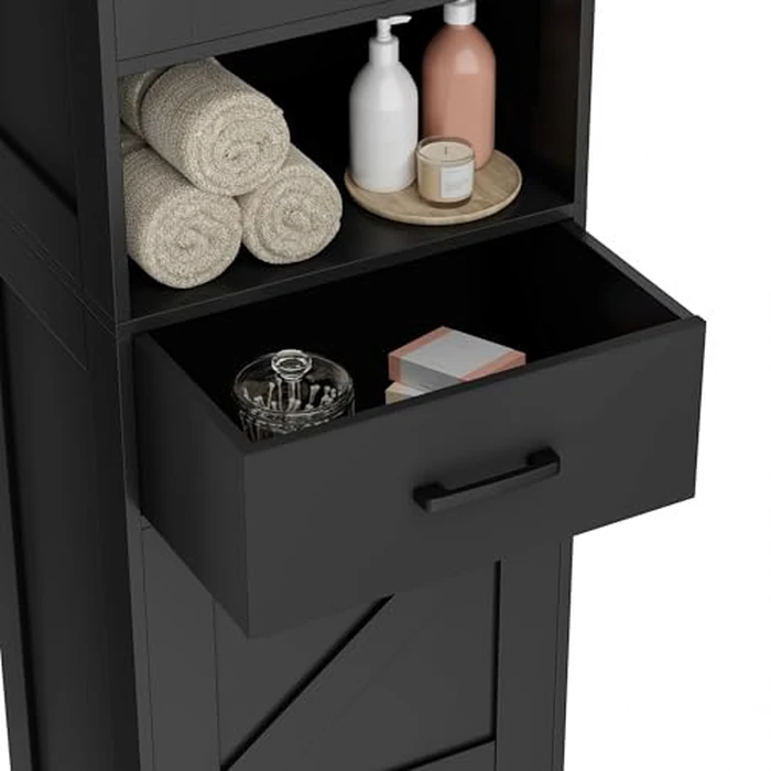 Homhedy 67" H Tall Bathroom Storage Cabinet with 2 Barn Doors and 1 Drawer，Narrow Storage Unit, Adjustable Shelves，Floor Cabinet for Bathroom, Living Room, Entryway (Black, 11.8"D x 15.7"W x 66.9"H) by Homhedy - Image 7