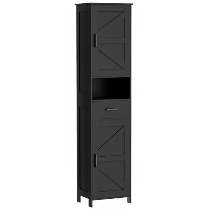 Homhedy 67" H Tall Bathroom Storage Cabinet with 2 Barn Doors and 1 Drawer，Narrow Storage Unit, Adjustable Shelves，Floor Cabinet for Bathroom, Living Room, Entryway (Black, 11.8"D x 15.7"W x 66.9"H) by Homhedy - Image 9