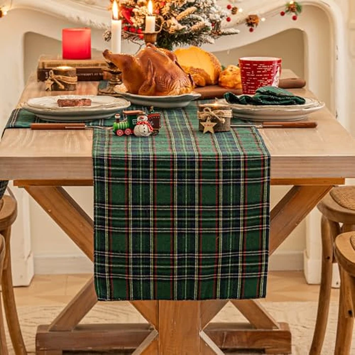Green Blue Plaid Christmas Table Runner, Winter Holiday Table Runners 90 inches Long, Xmas Decorations Indoor Outdoor Farmhouse Home Kitchen Dining Party Decor by AQOTHES - Used - Very Good condition