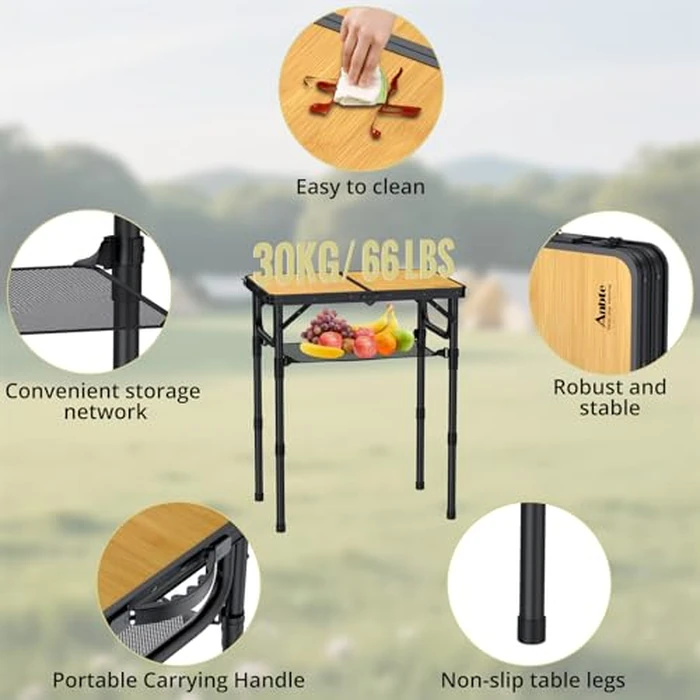 Anbte 2ft Folding Camping Table with Storage Net, 3 Adjustable Heights Aluminum Small Folding Table, Lightweight, Portable Handle, for Travel Outdoor Beach Camping Picnic, 23.2" x 16", Yellow by Anbte - Image 4
