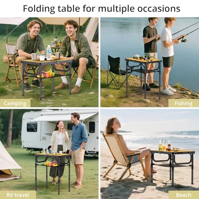 Anbte 2ft Folding Camping Table with Storage Net, 3 Adjustable Heights Aluminum Small Folding Table, Lightweight, Portable Handle, for Travel Outdoor Beach Camping Picnic, 23.2" x 16", Yellow by Anbte - Image 5