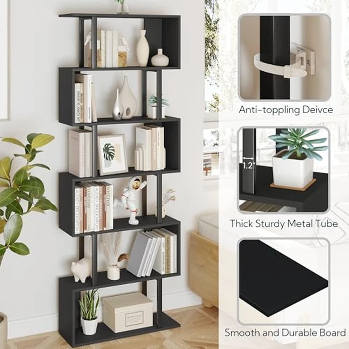 Yusong Geometric Bookcase, S Shaped Bookshelf 6-Tier Book Shelves for Bedroom, Modern Wood Decorative Display Shelf Tall Book Case for Home Office, Black by Yusong - Used - Like New condition - CA$97.27